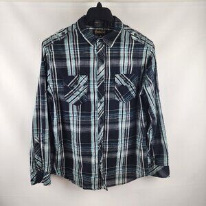 Helix Shirt Men L Button Down L/S Athletic Fit Western Plaid Blue Black Gray